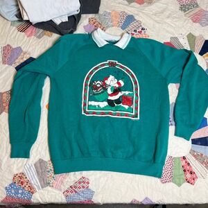 Vintage Gopher Sport Christmas Santa Sweatshirt Green Collared Pullover XL USA